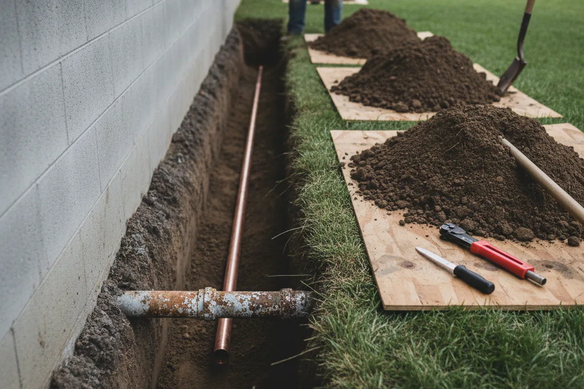 Excavated water line trench during Water Softener Installation in North Grafton